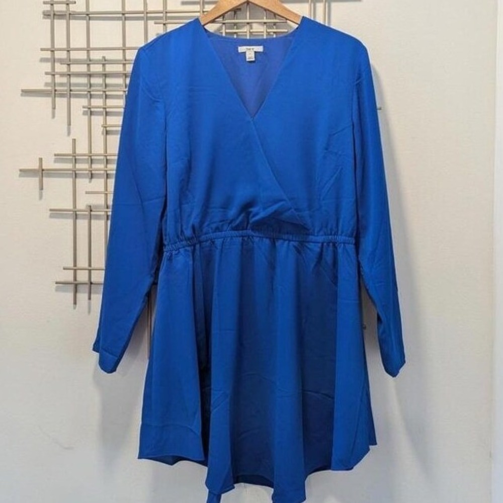 Royal Blue Surplice V-Neck Long Sleeve Elastic Waist Mini Dress Sz L Curved Hem